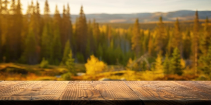 Photo le dessus de table marron en bois vide avec arrière-plan flou de la nature finlandaise exubérante