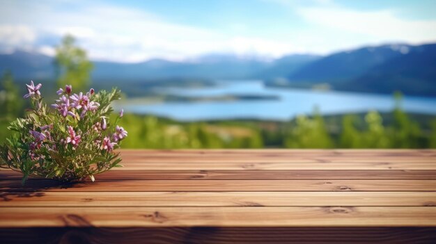 Le dessus de table marron en bois vide avec arrière-plan flou de la Norvège en été Image IA générative AIG30