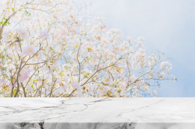 Dessus de table en pierre et fond de fleurs floues avec filtre vintage