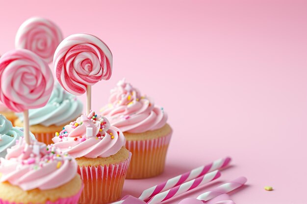 Dessus de table rose sur fond rose avec des sucettes et des cupcakes décorés pour la fête d'anniversaire des enfants