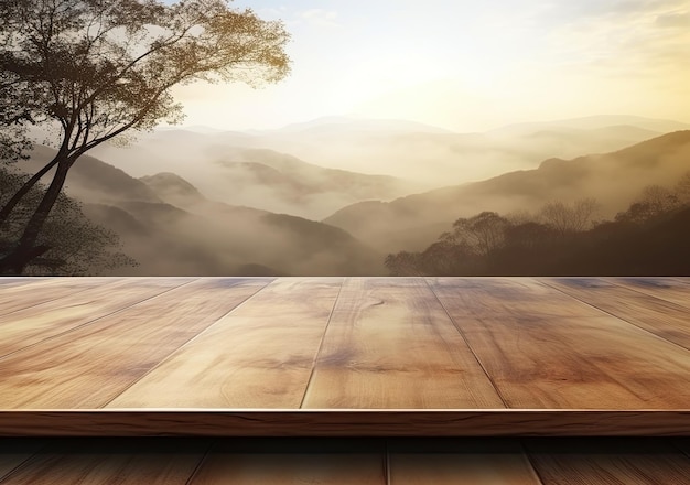 Dessus de table de terrasse en bois vide sur fond de paysage brumeux montage d'affichage de produit