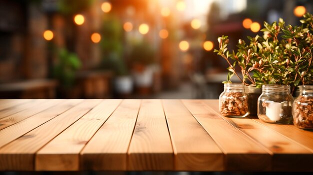 Dessus de table vide de planche de bois sur fond flou