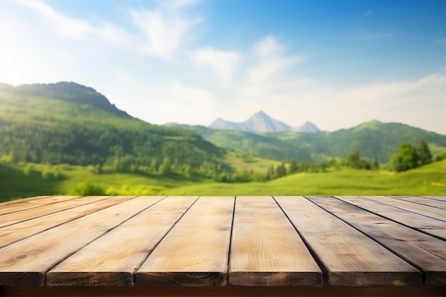 Dessus de tablette en bois vide avec fond de beau jardin IA générative