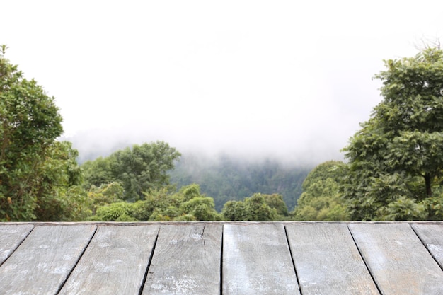 Dessus vide des étagères en bois naturel et arrière-plan des vues sur les arbres et les montagnes Pour l'affichage du produit