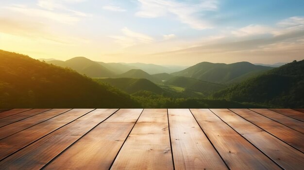 Dessus vide de la table en bois et vue sur le fond du coucher ou du lever du soleil