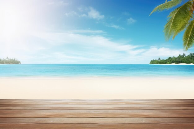 Un dessus vide d'une table ou d'un comptoir en bois et une vue sur une plage tropicale et l'océan générée par l'IA