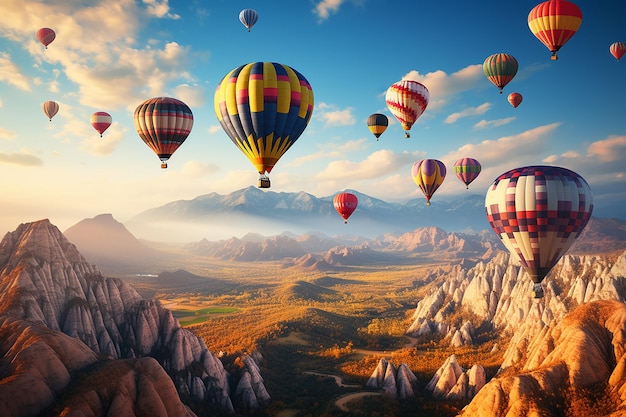 Destination de vacances des ballons à air chaud volant au-dessus des montagnes en Cappadoce en Turquie par jour clair