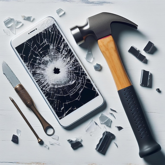 Photo destruction numérique marteau et un seul écran de smartphone brisé sur une table en bois blanc vue supérieure