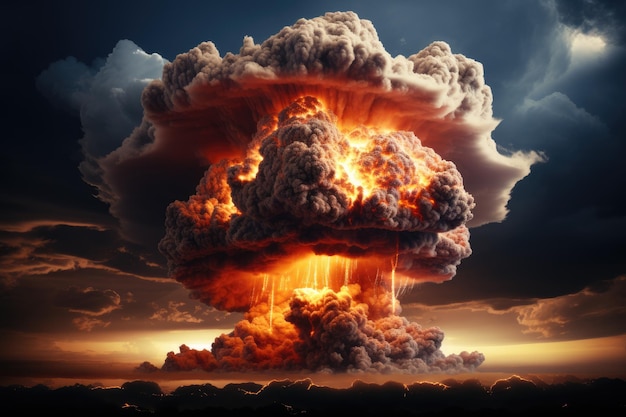 Destruction par explosion de bombe nucléaire et champignon explosif