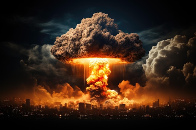 Destruction par explosion de bombe nucléaire et champignon explosif