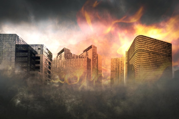 Destruction de la ville avec des incendies explosion avec un fond de ciel dramatique Le feu est orange et jaune et il entoure et brûle des bâtiments