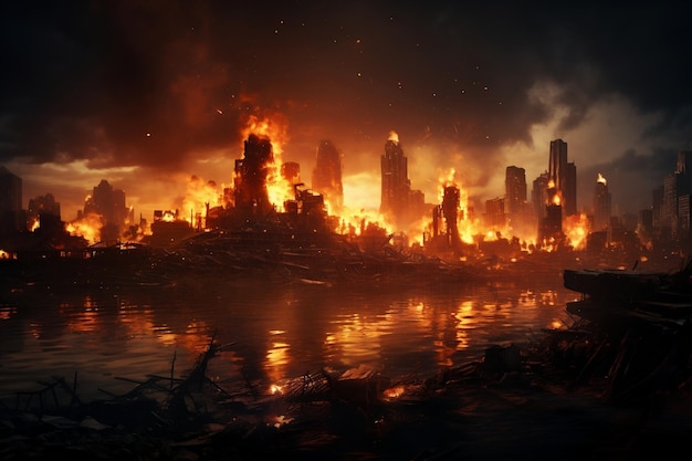 Destruction d'une ville par incendie et explosion Generative Ai