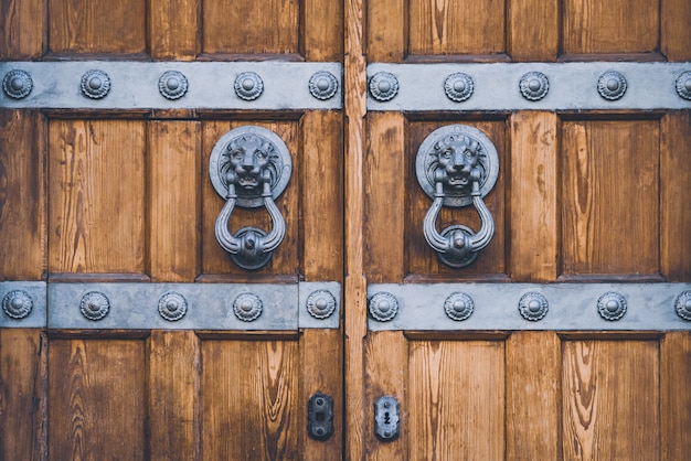 Détail d'une ancienne porte en bois avec heurtoirs de lion en fonte