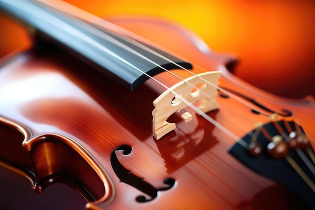 Détail d'un arc de violon sur des cordes