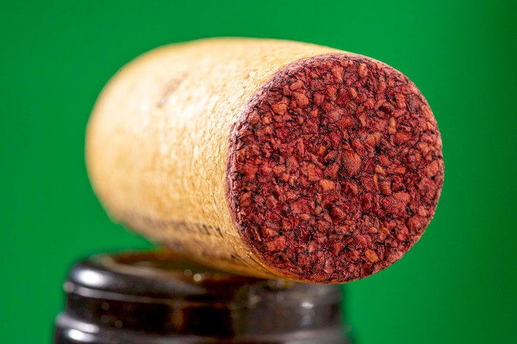 Photo détail d'un bouchon de liège utilisé dans une bouteille de vin rouge avec une marque de rubis absorbée sur le contact
