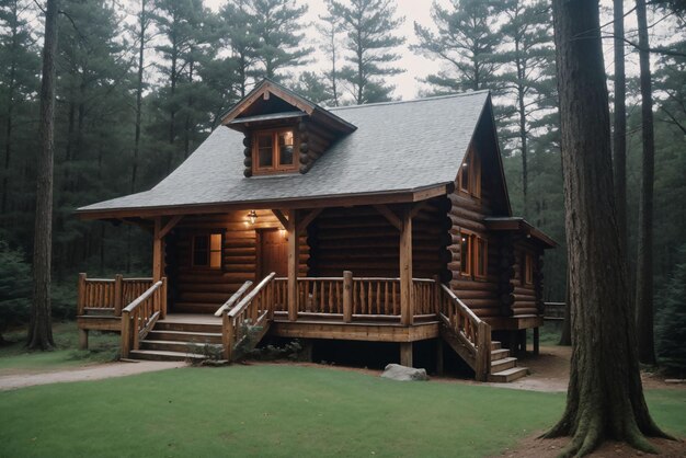 Détail d'une cabane rustique au milieu d'une forêt de pins