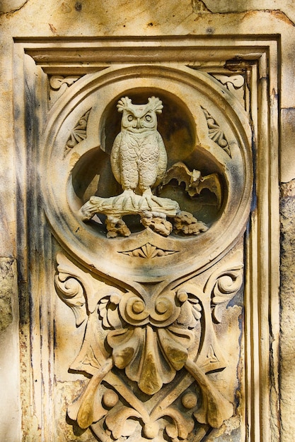 Détail de la chouette et de la sculpture en calcaire de chauve-souris dans Central Park New York City