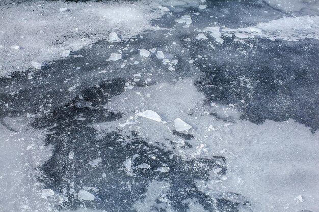 Détail sur la couche de glace d'une rivière complètement gelée, avec de la neige et des cristaux de glace sur le dessus.