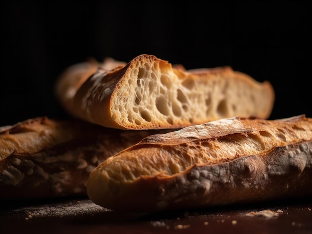 Le détail croustillant d'une baguette fraîchement cuite