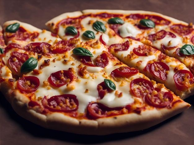 Détail d'une délicieuse pizza farcie avec beaucoup de fromage fournissant une explosion de saveurs impossibles à résister générées par l'IA