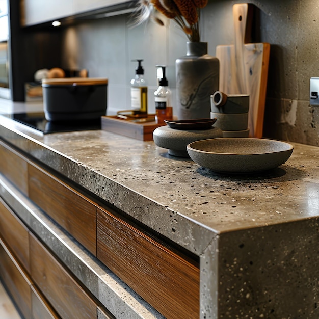Photo détail du banc de cuisine, du banc en béton et des tiroirs en bois