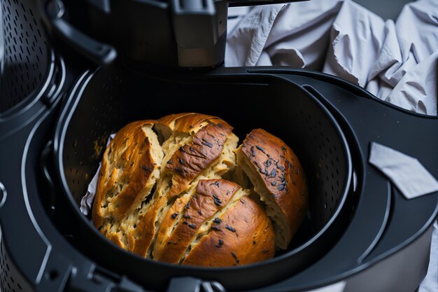 Photo détail du pain cuit dans la friteuse à air représentant le concept d'une alimentation équilibrée et économique généré par ai