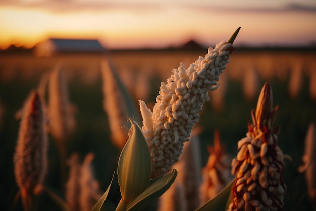 détail du plant de riz au coucher du soleil avec la plantation floue