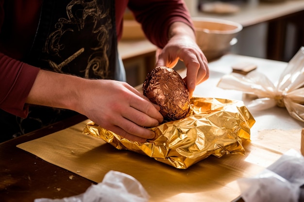 Détail du processus de création des chocolats de Pâques mettant en valeur le soin et le dévouement à chaque étape