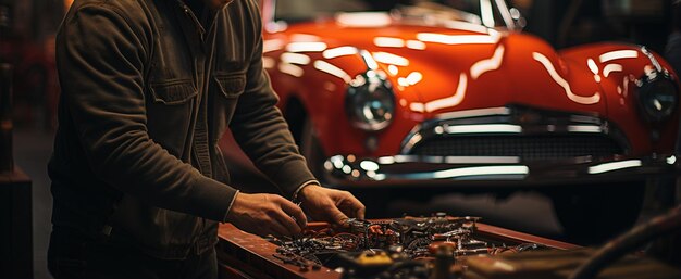 Photo détail de l'examen de la voiture par le mécanicien