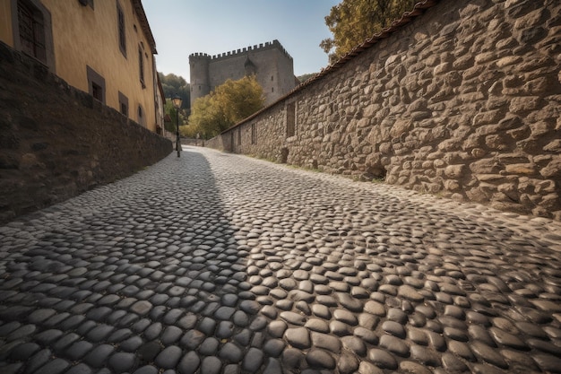 Détail fascinant d'un chemin pavé menant à un château créé avec une IA générative