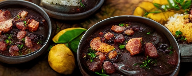 Détail de la feijoada aux haricots noirs avec du bacon au pepperoni et de la nourriture brésilienne traditionnelle saccadée