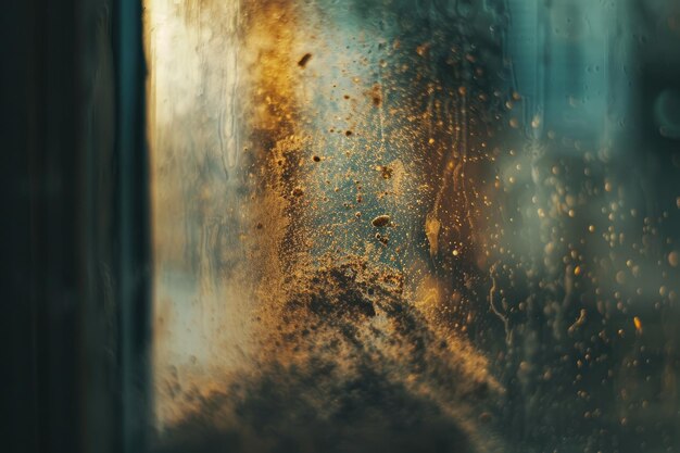 détail d'une fenêtre en verre de sable avec un fond flou derrière