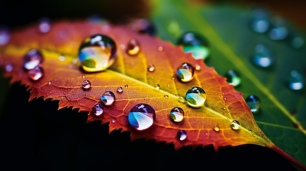 détail des feuilles et des gouttes d'eau