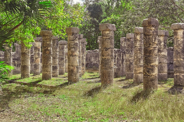 Détail filtré par la végétation des colonnes du Temple des Guerriers dans le complexe archéologique de Chichen Itza au Mexique