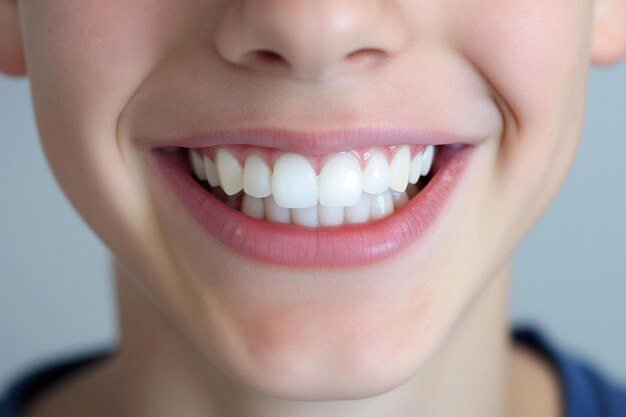 Détail en gros plan de la bouche souriante d'un adolescent aux dents blanches et en bonne santé