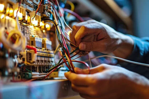 Photo détail en gros plan d'un électricien travaillant avec des fils et une boîte d'interrupteur de fusibles
