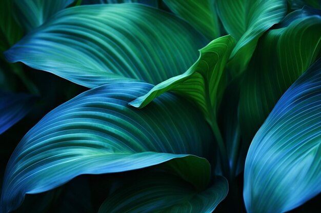 Détail en gros plan de la texture macro vert bleu vif feuilles forêt tropicale plante spathiphyllum cannifolium