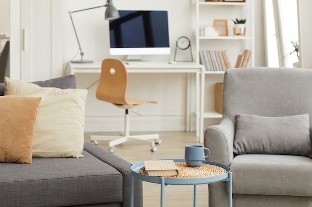 Détail de l'image de l'intérieur de l'appartement confortable dans une maison moderne en mettant l'accent sur les meubles de salon gris en premier plan