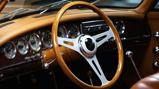 Détail de l'intérieur d'une vieille voiture classique avec volant