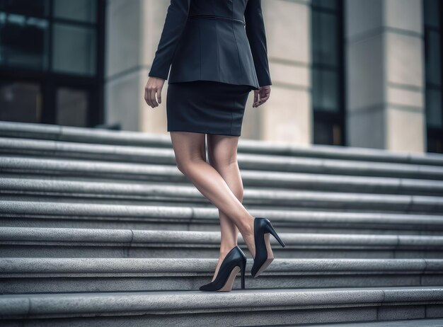 Détail des jambes et des pieds d'une femme d'affaires montant des escaliers à l'extérieur créé avec la technologie d'IA générative