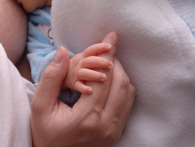 Détail de la main de la mère tenant la main du nouveau-né Mère allaitant Le lait maternel est la meilleure nourriture pour les bébés