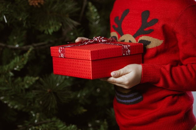 Photo détail des mains de l'enfant avec un cadeau de noël