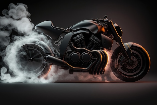 Détail de la moto sur fond sombre avec génération d'IA vue côté fumée