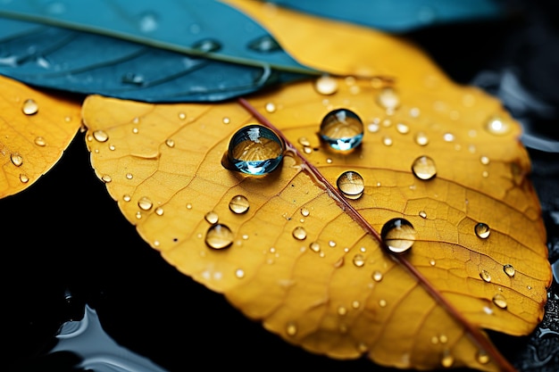 Détail de la nature Feuille en décomposition dans l'eau avec une beauté de gouttelettes scintillantes dans le moment fragile Ai générative