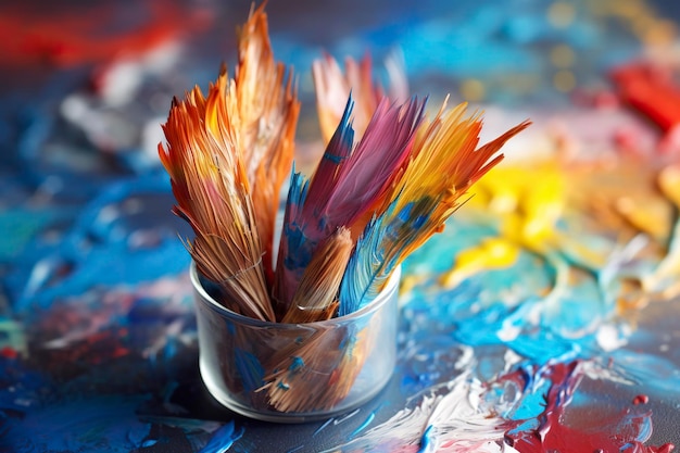 Photo détail d'un pinceau donnant des coups de pinceau de nombreuses couleurs sur une palette