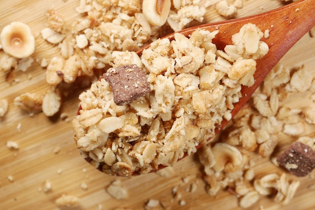 Detail shot de granola Musli et chocolat sur cuillère