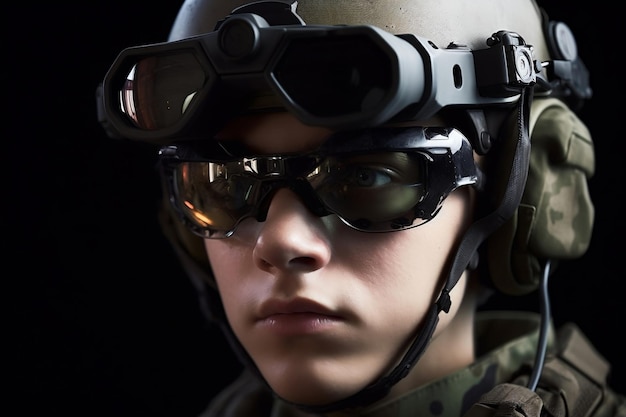 Détail de la tête du jeune soldat moderne armé de lunettes futuristes générative ai