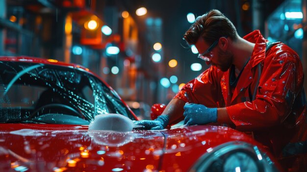 Photo un détaillant de voitures répand une solution de cire chimique sur un pare-brise pour protéger le verre de la vapeur sous la pluie une voiture de sport rouge entretenue avec une solution de cerise chimique