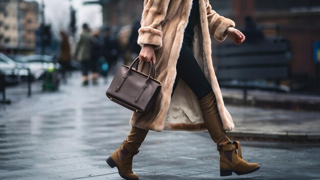 Détails d'accessoires rapprochés d'une femme élégante marchant dans la ville dans un manteau de fourrure chaud saison hivernale froide