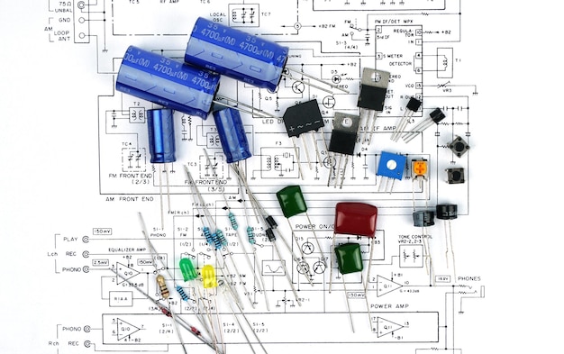 Détails d'un appareil électronique avec condensateur de transistors de circuit électrique de schéma électronique